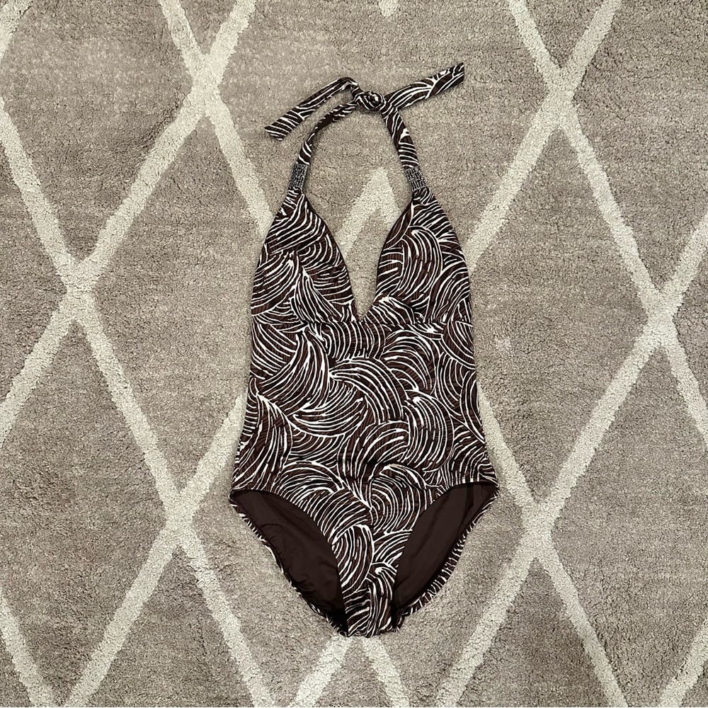 Jantzen One Piece Swimsuit Brown Cream Halter Tie Size 8
